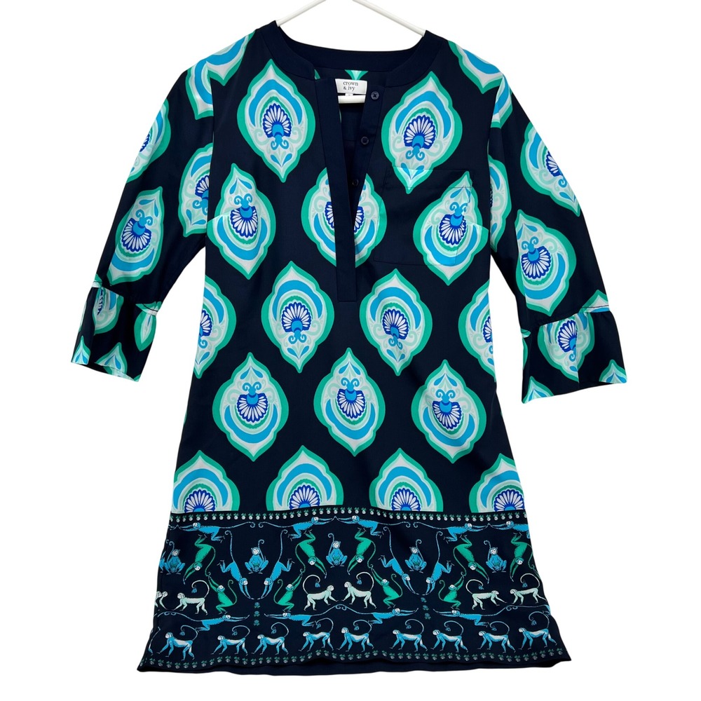 Crown & Ivy Navy Blue Teal Medallion Monkey Print Shift Dress Bell Sleeve Size 2